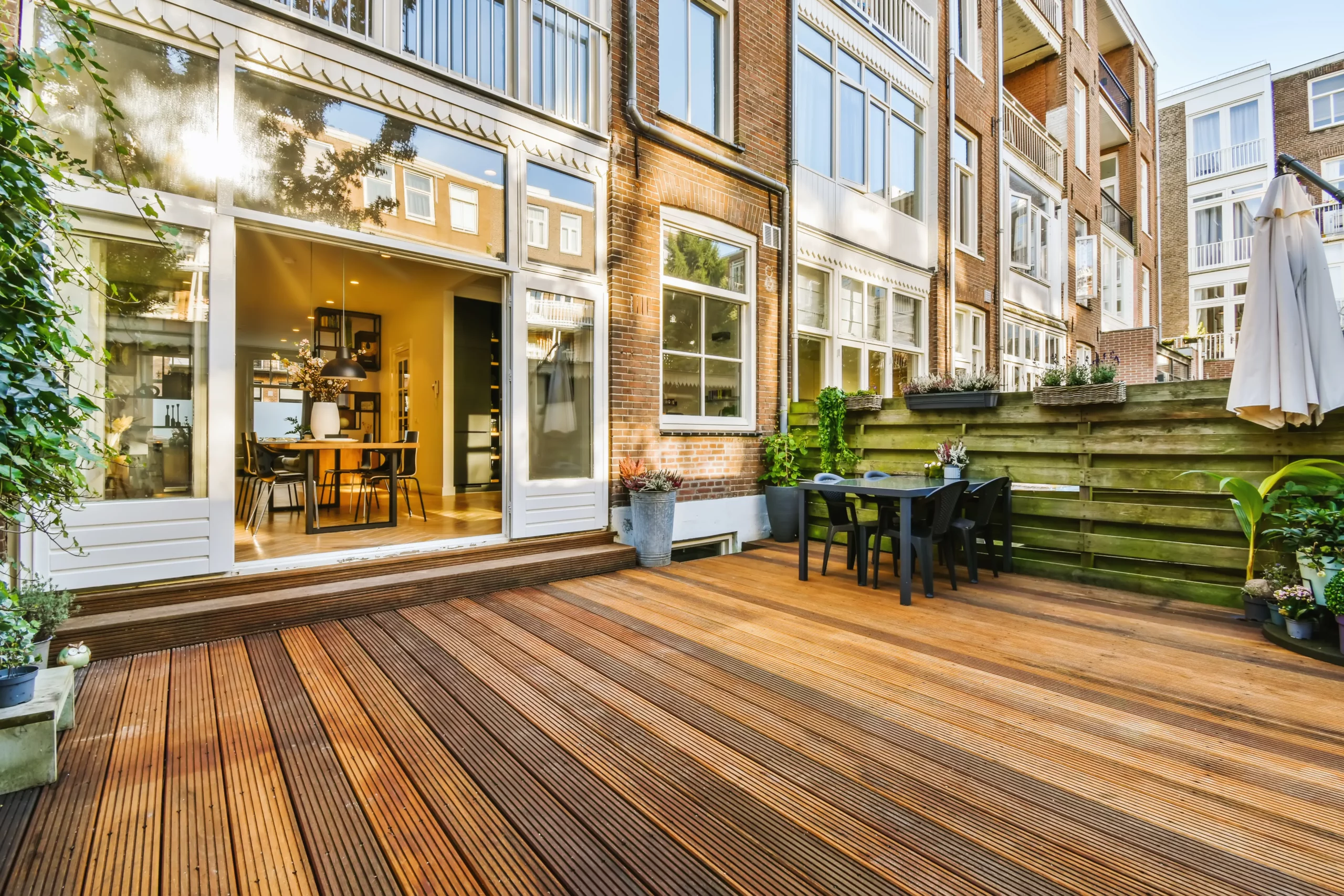 courtyard with custom wood deck flooring